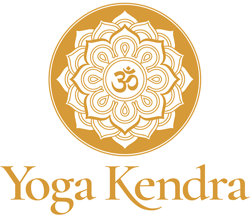 Yoga Kendra logo outline 2 Yellow and white mandala logo with outline